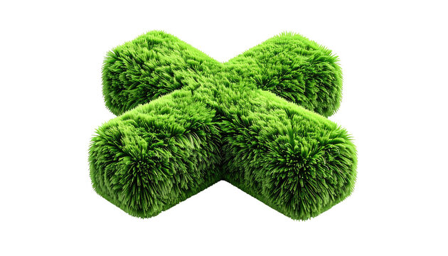 A vibrant, three-dimensional grassy, textured, symmetrical, intersection shape floating against a stark black backdrop