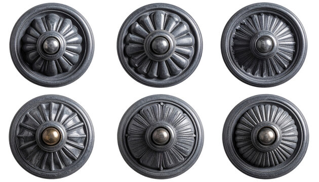 Six decorative, gray, circular objects with radiating patterns and central spheres. Each showcases varied textures and subtle shading