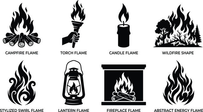 Fire and Flame Silhouette Vector Collection Featuring Campfire Torch Candle Wildfire and Lantern