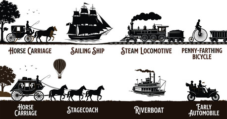 Fototapeta premium Vintage Transportation Silhouette Collection Featuring Horse Carriages Sailing Ships Steam Locomotives and Early Vehicles