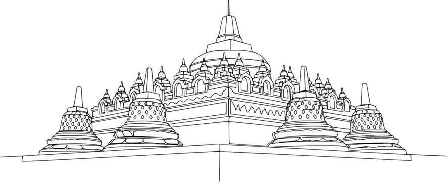 Borobudur Temple Continuous Line Drawing Vector with Buddhist Stupas and Ancient Indonesian Architecture