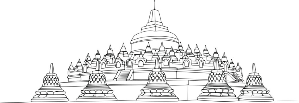 Borobudur Temple Continuous Line Drawing Vector Illustration with Buddhist Stupas and Heritage Architecture