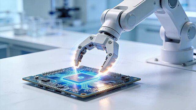 White industrial robotic arm operating on electronic circuit board in bright laboratory environment
