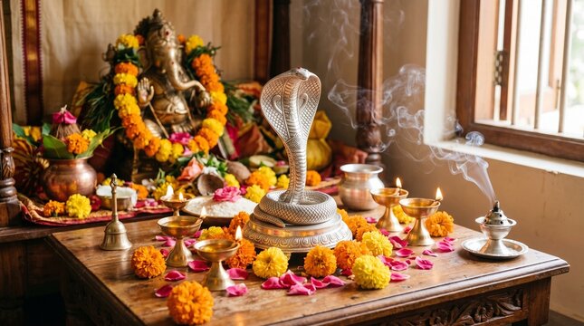 Naga Panchami Festival Altar Adorned with Cobras and Traditional Indian Offerings