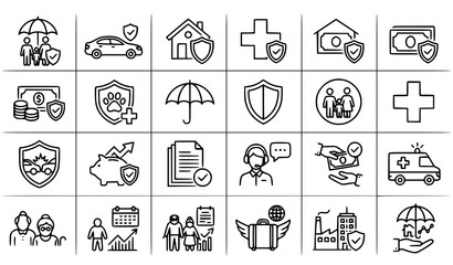 Fototapeta premium Insurance Thin Line Icons Set with Life Car Home Health Money and Pet Protection Editable Stroke Vector Collection