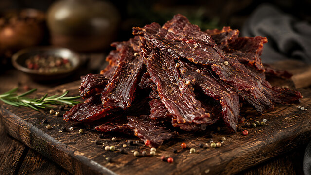 Pile of dried beef jerky meat strips on rustic wooden cutting board