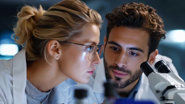 Young scientists examine samples under microscope