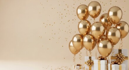 Obraz premium Golden balloons and gifts on beige background with confetti