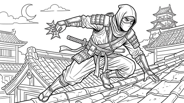 Action packed coloring page of a ninja jumping over japanese temple rooftops with shuriken coloring architecture throwing traditional stealthy movement assassin monochrome graphics training