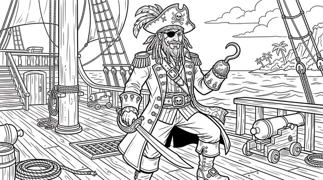 Intricate coloring page of a pirate captain standing on a ship deck with a hook hand maritime coloring character adventure nautical exploration monochrome equipment