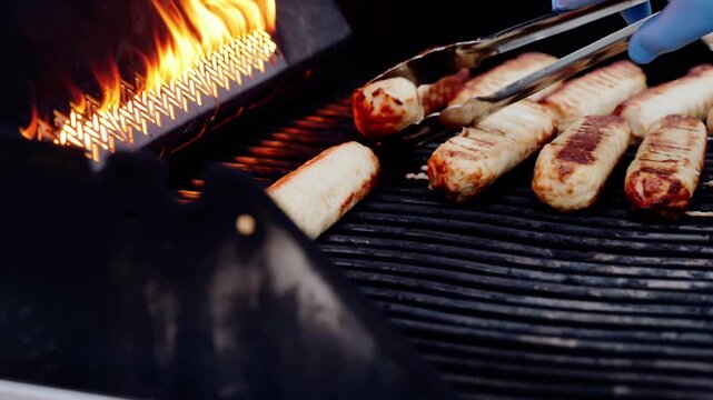 Professional chef grilling diverse sausages on barbecue, expertly manipulating meat with tongs for uniform golden brown coloration and consistent doneness