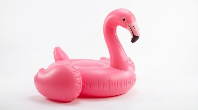 Flamingo pool float made of pink inflatable plastic is positioned on a white background for leisure.