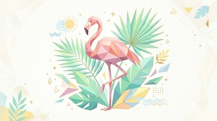 Obraz premium Geometric flamingo illustration with tropical foliage and bright colors