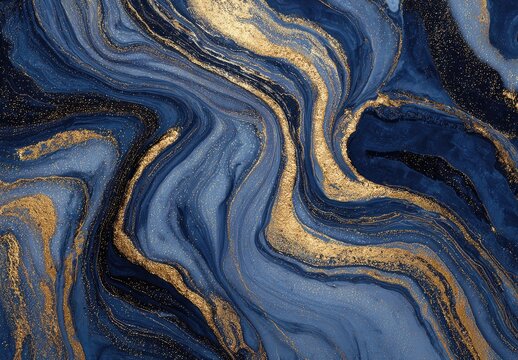 Swirling abstract artwork showing deep blue hues with flowing gold leaf accents, creating a luxurious and textured effect