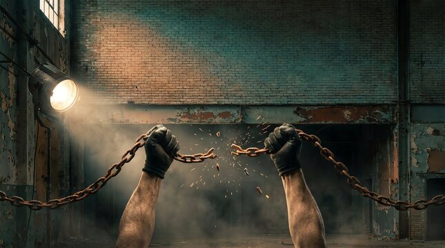 Strong muscular arms wearing dark protective work gloves pull apart and shatter heavy rusted metal chains in a dark warehouse