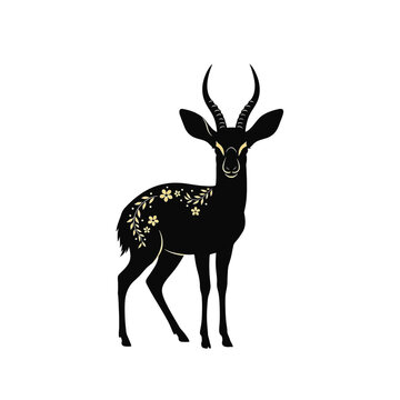 Black steenbok silhouette with gold floral patterns and vine details on flank, front facing gazelle illustration with curved horns and large ears isolated on white background.