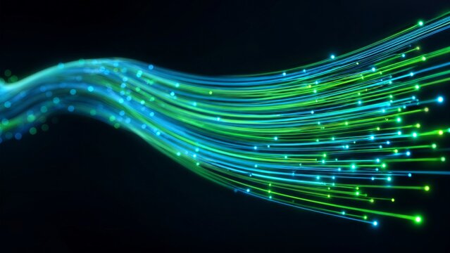 Horizontal stream of fiber-optic cables carrying high-speed data pulses in cyan and lime green. Motion blur on a dark charcoal background. Sleek telecommunications and internet theme