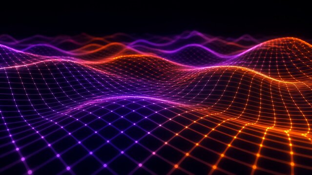 Digital topography concept for Big Data or AI featuring a deformed 3D grid wave. Dark background with sharp geometric lines and subtle bloom effect. Futuristic and analytical vibe