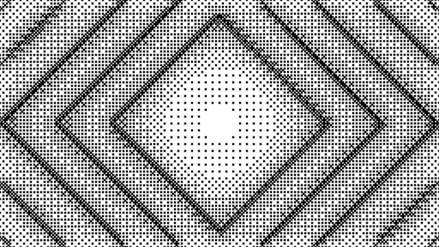 Monochromatic bitmap dot pattern forming expanding diamond frames, high contrast black and white abstract animation, 4k video