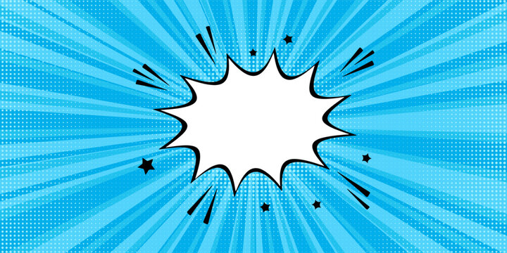 Blank Comic Book Speech Bubble Background with Copy Space. Retro Pop Art Explosion Banner Featuring Blue Sunburst Pattern, Black Action Speed Lines, and Star Elements for Custom Text.