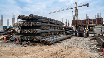Fototapeta premium Bundles of steel reinforcement rebar rods stored at a construction building site with cranes