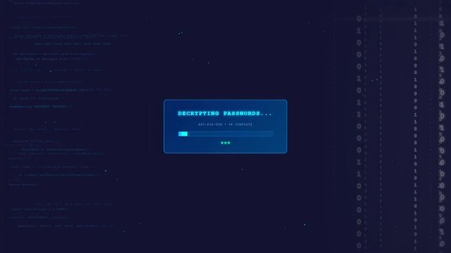 Digital screen showing password decryption process with scrolling binary code and data processing animation