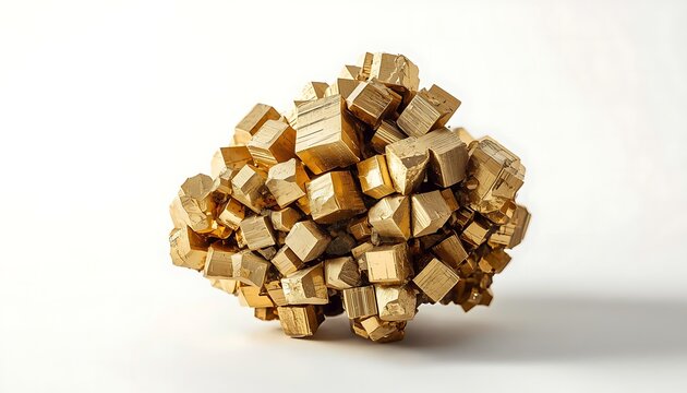Macro studio photograph of a natural iron pyrite cluster with sharp cubic crystals isolated on a white background
