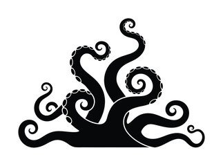 A black silhouette of a giant octopus with multiple curling tentacles isolated on a white background © vector Art