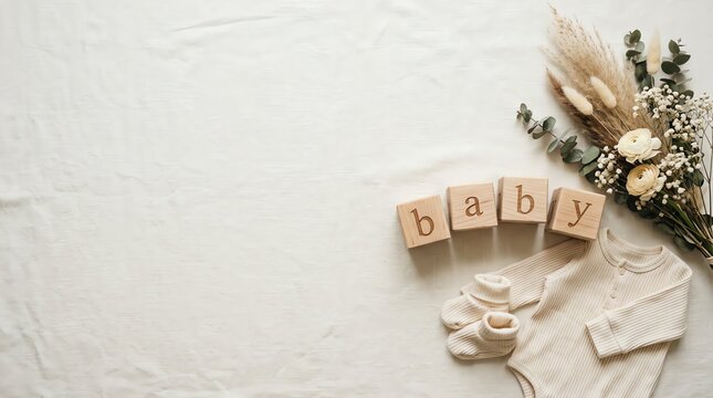 Wooden baby blocks arranged with tiny clothes and dried flowers on a soft white fabric background for a newborn announcement
