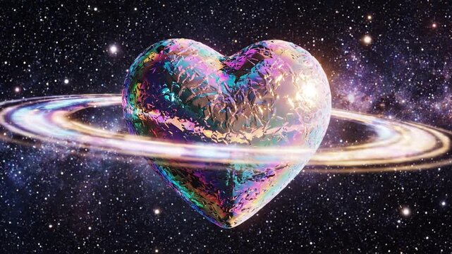 Colorful heart shaped planet with glowing rings floating in deep space background with stars and nebulae