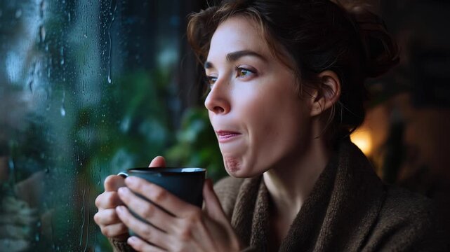 Woman holds cup, gazes out rainy window