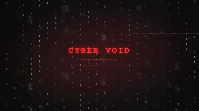 Abstract Digital Cyber Void Background with Red Glitch Text and Binary Code Data Stream
