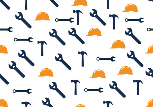 Seamless pattern of construction tools: hammers, wrenches, and hard hats