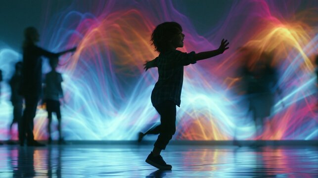 Child in midgesture manipulating colorful dynamic light waves on a massive interactive wall a science museum educator emphasizing control settings blurred visitors and reflective