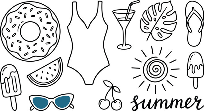  Summer beach items vector line art icons set with hand drawn doodles of swimsuit donut float sun and sunglasses isolated on white background