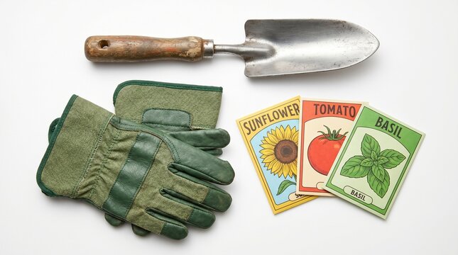 Gardening equipment including a trowel, gloves, and seed packets lies ready for planting on a flat surface.