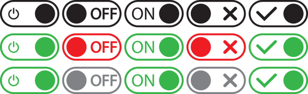 Toggle switch UI element set showing on, off. Control Switch icon with Enabled and disabled states.  Set of colorful toggle switch buttons for web interface design with power symbols and text labels 