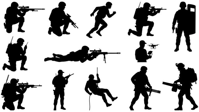 Soldier Silhouette Vector Set Military Action Poses Sniper Running Rappelling Drone Operator for Defense Design Illustration Collection