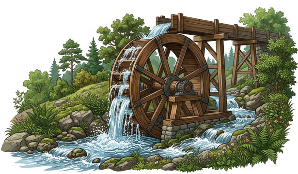 Traditional Water Wheel in Flowing River Countryside Landscape Detailed Vector Illustration