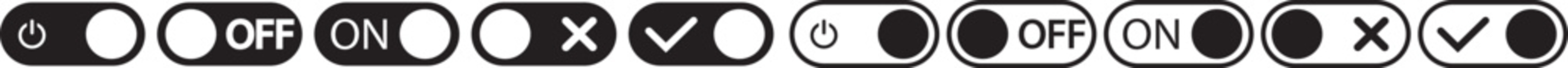 Toggle switch UI element set showing on, off. Control Switch icon with Enabled and disabled states.  Set of colorful toggle switch buttons for web interface design with power symbols and text labels 