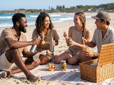 Diverse Friends Enjoying Sustainable Plastic-Free Beach Picnic for World Oceans Day