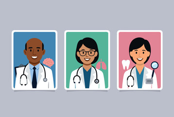 Fototapeta premium Three medical specialist portraits show a neurologist, a pulmonologist, and a dentist representing different fields of healthcare expertise.