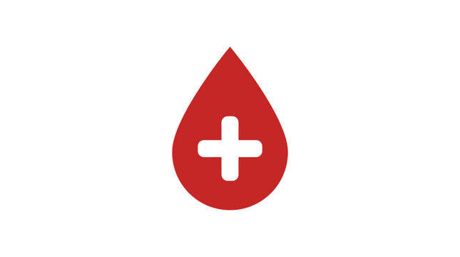 Red blood drop icon with white medical cross symbol on clean white background for healthcare and donation concepts
