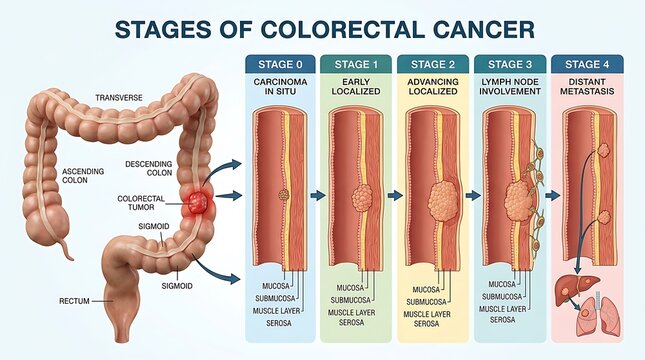 Medical infographic showing stages of colorectal cancer progression