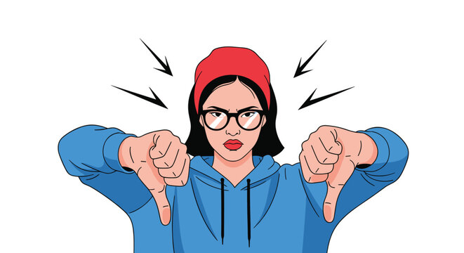 Young woman wearing red beanie and blue hoodie looking serious while giving double thumbs down gesture of disapproval.