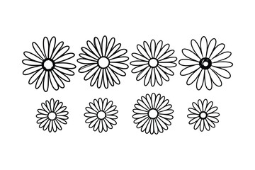 Obraz premium Set of eight hand drawn daisy flowers with black outlines isolated on a white background for coloring book pages