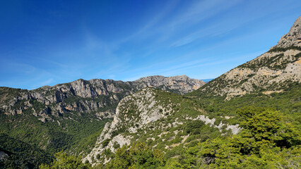 Fototapeta premium Verdon Gorge canyon forming deep steep cliffs, Alpes-de-Haute-Provence, France, Europe. Deep Gorges du Verdon canyon with rocky cliffs and green vegetation, Provence, France, Europe.