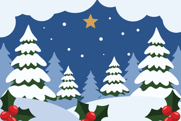 Obraz premium Serene winter landscape at night features snow covered pine trees under a starry sky with a bright gold star and holly berries in front.