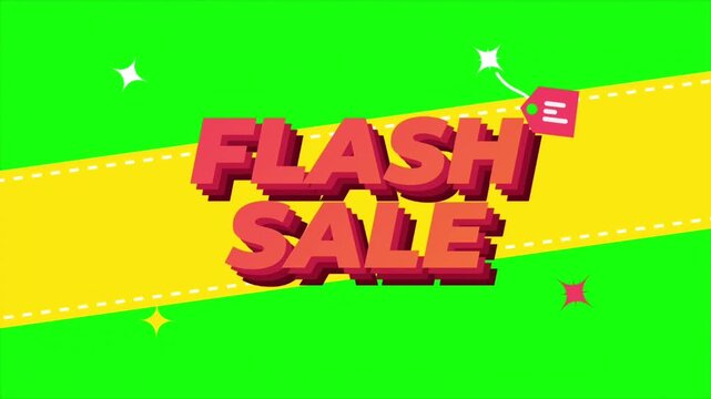 Flash Sale Animated Text on Green Screen with Yellow Ribbon for Marketing and Promotions.
