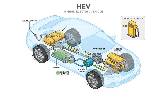 Hybrid Electric Vehicle Hev Powertrain Diagram Illustrating Engine Electric Motor and Battery Components